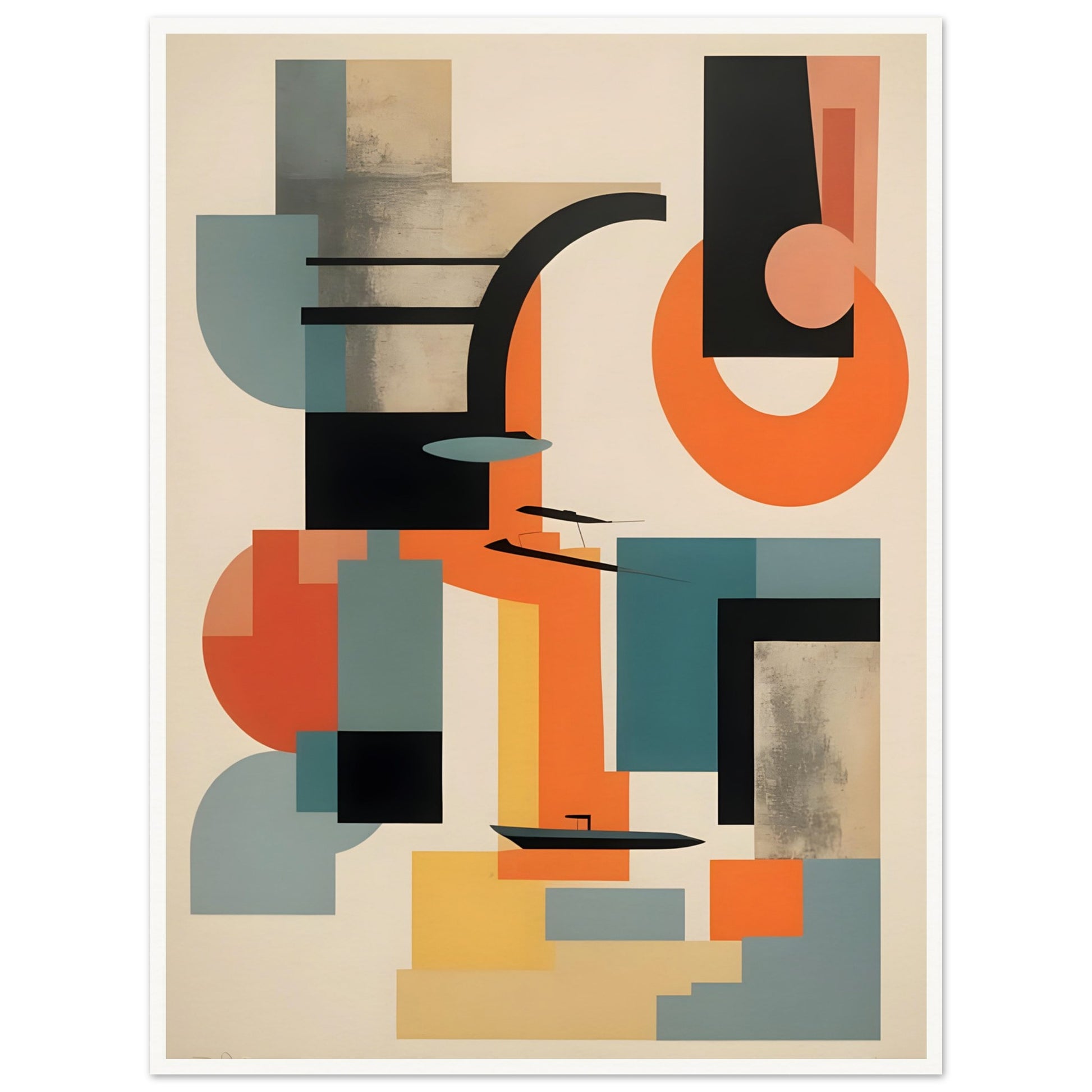 A geometric abstract painting featuring bold shapes in teal, orange, black, and beige, with intersecting lines and modern design elements.