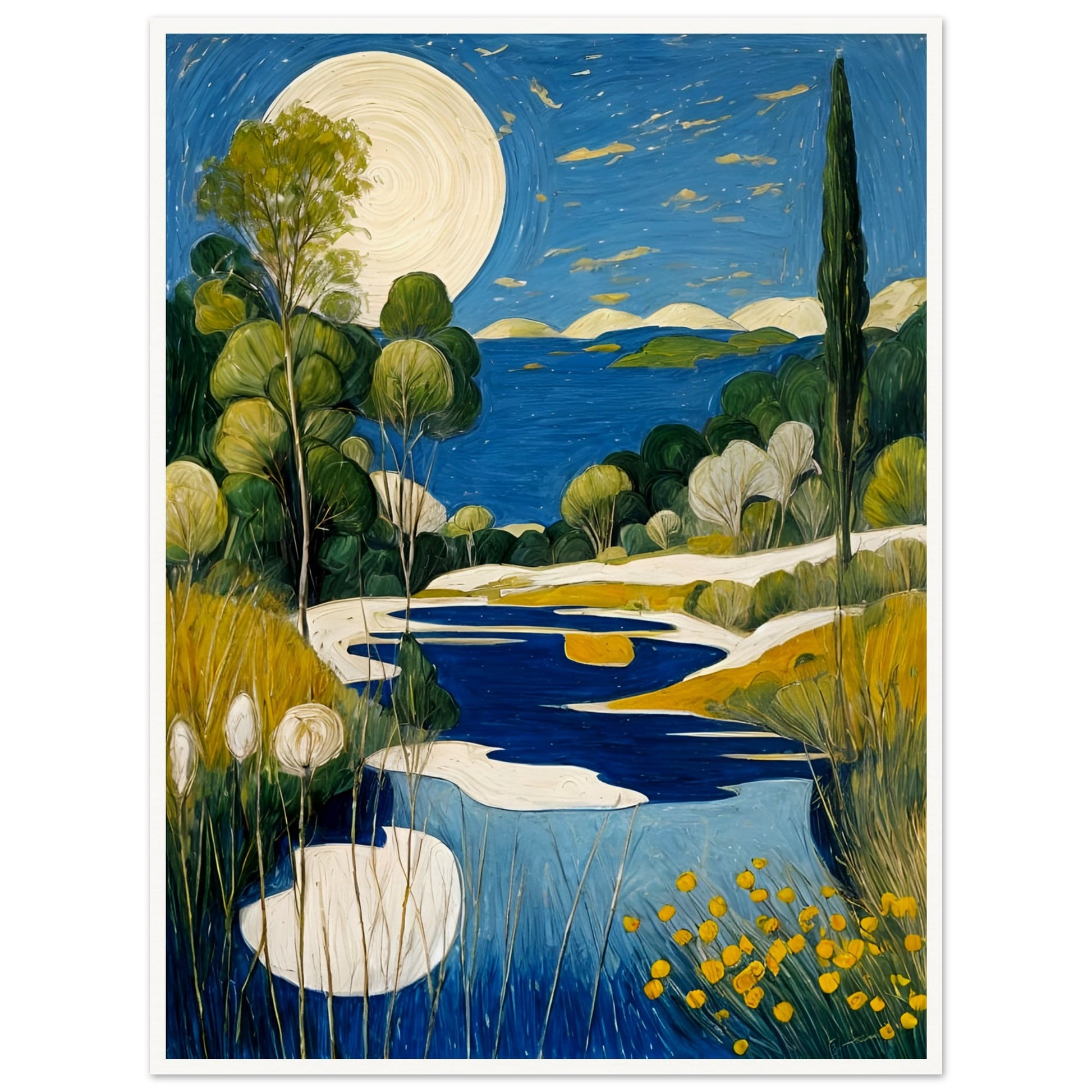 A peaceful landscape featuring a glowing full moon over a blue lake, surrounded by lush greenery and golden wildflowers under a starlit sky.