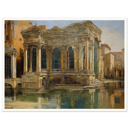 A grand, classical building with intricate columns and large windows, reflected in the calm waters of a historic European cityscape.