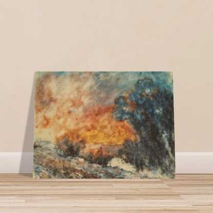 Dramatic fiery landscape with blazing orange sky, smoky blue shadows, and dark textured trees engulfed in an atmospheric glow.