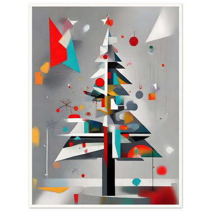 A sleek and modern artwork featuring a geometric Christmas tree adorned with colorful shapes, abstract ornaments, and a gray background.