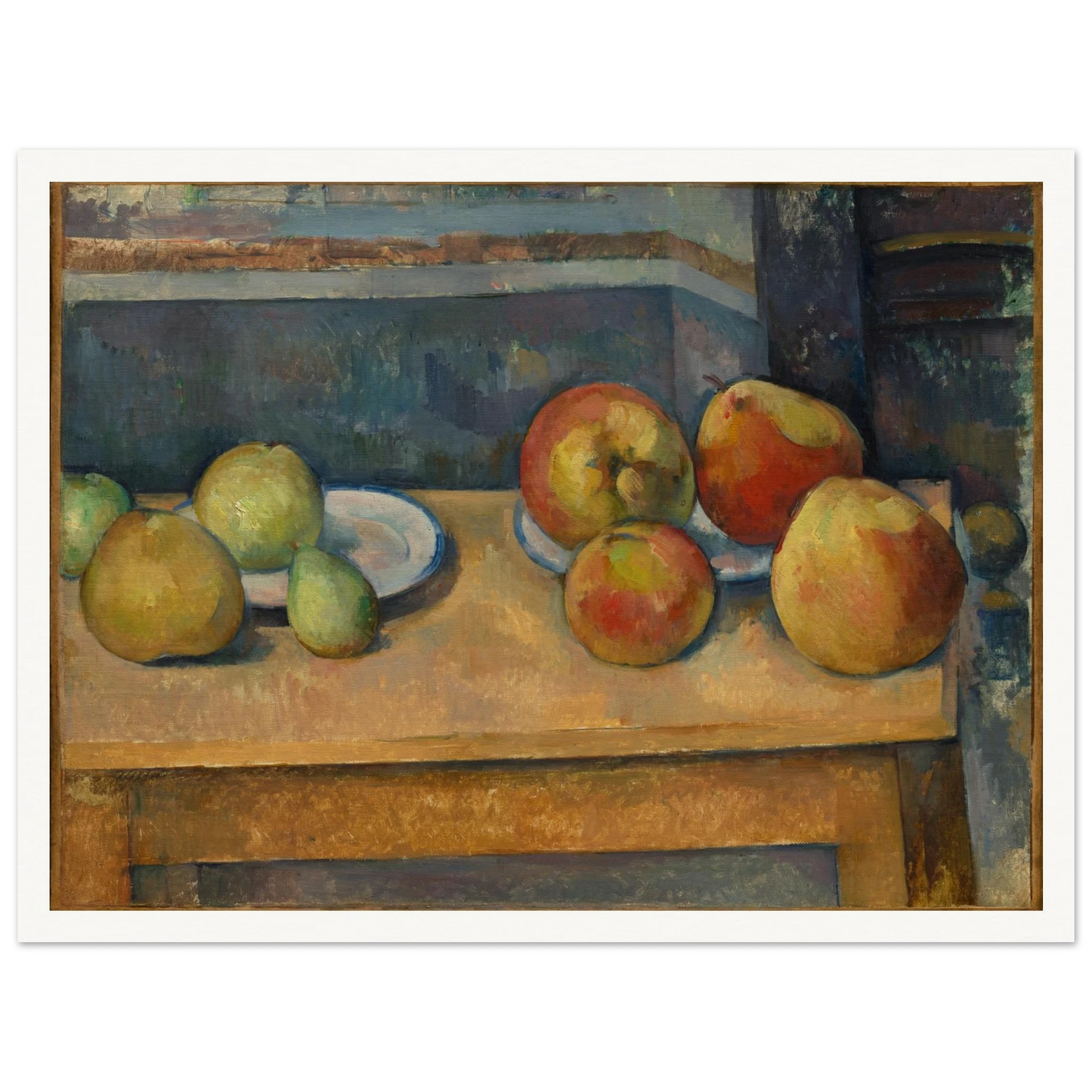 Apples and pears arranged on plates across a table in a structured still life