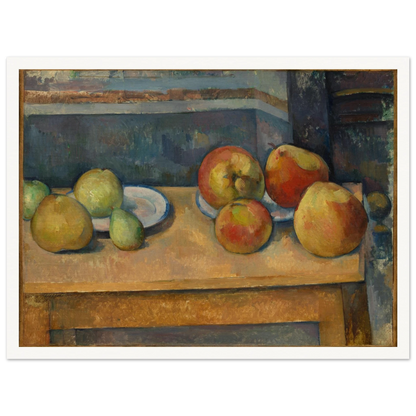 Apples and pears arranged on plates across a table in a structured still life