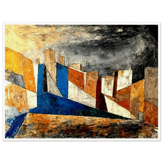 An abstract cityscape featuring angular buildings in shades of blue, orange, and white, with a textured, stormy sky in the background, evoking a sense of urban dynamism and structure.