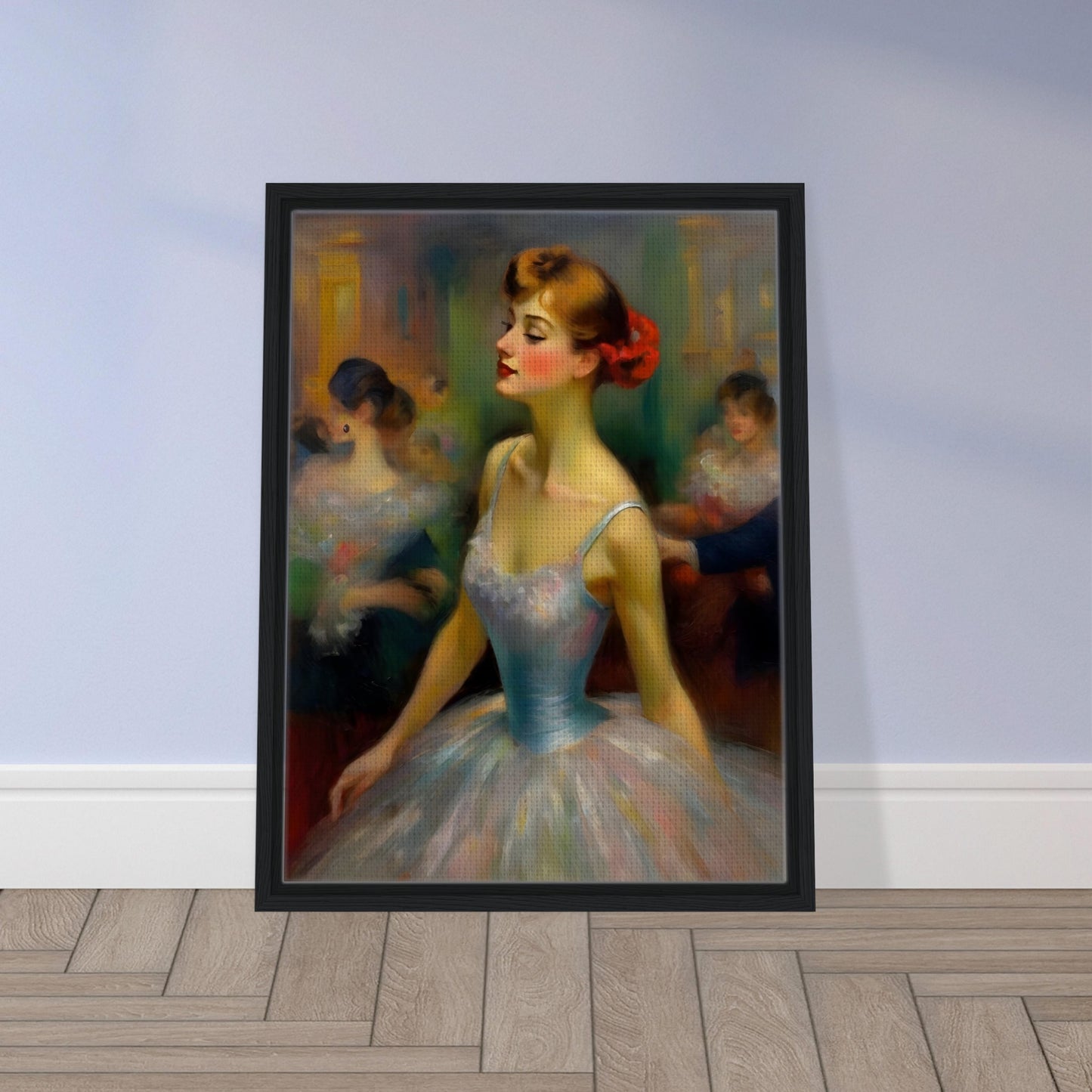 A captivating portrait of a ballerina in a pastel gown with a red flower in her hair, exuding grace and elegance in a dimly lit ballroom.