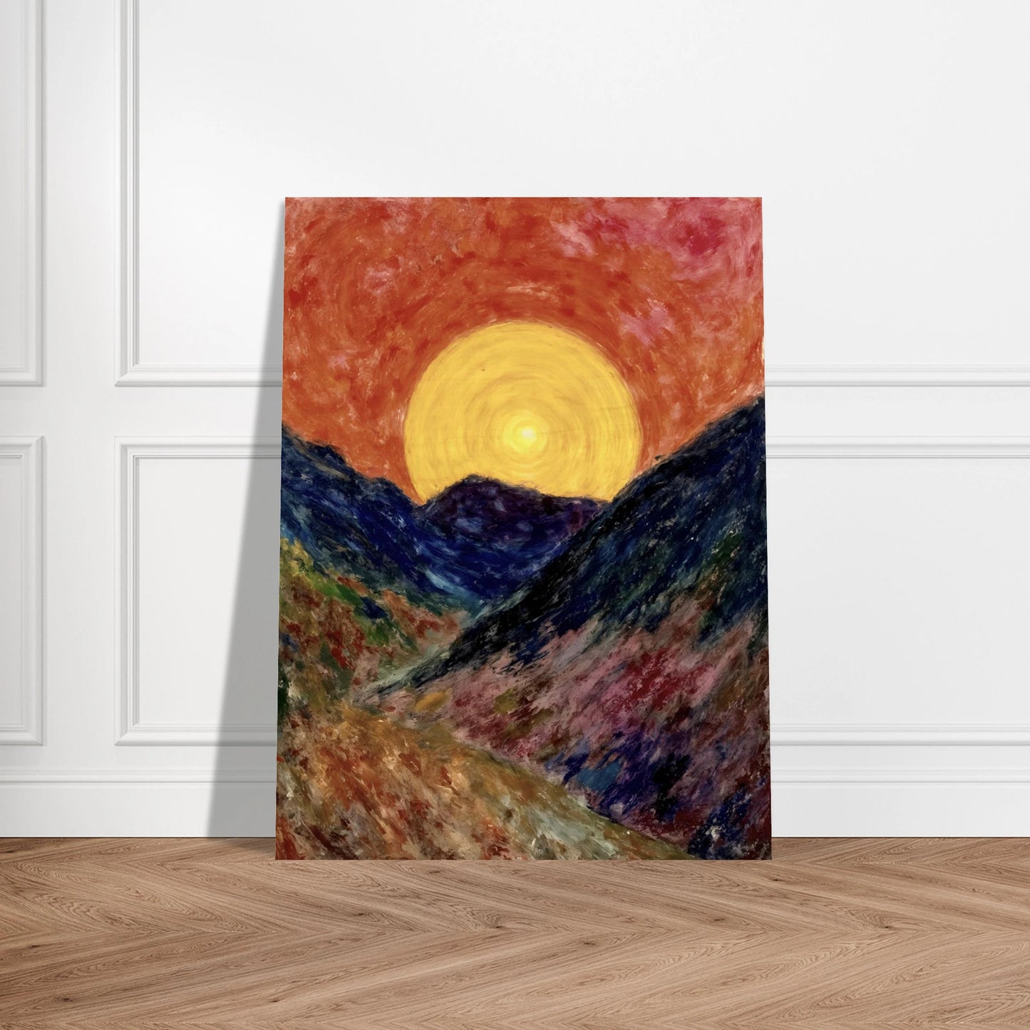 A vivid sunset over deep blue mountains with a glowing golden sun radiating warmth across the textured, colorful valley.