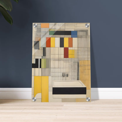 A geometric design with colorful rectangular blocks and intersecting lines, combining muted tones of yellow, red, black, and gray.