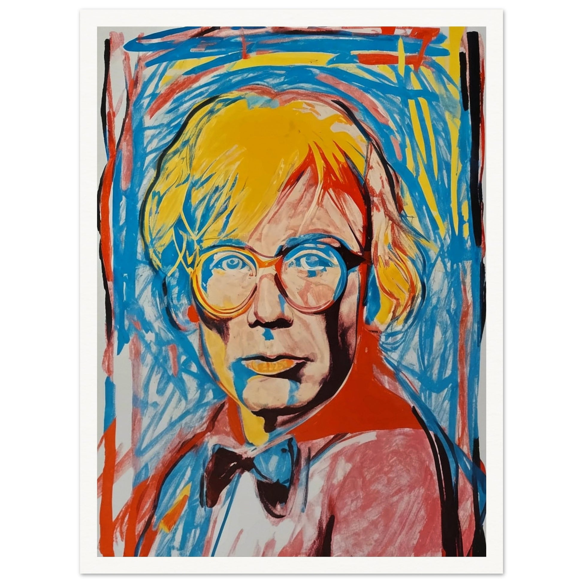 A vivid and energetic pop art portrait featuring a person with bright yellow hair and glasses. The background is filled with dynamic blue and red brushstrokes, adding to the lively and modern feel of the artwork.