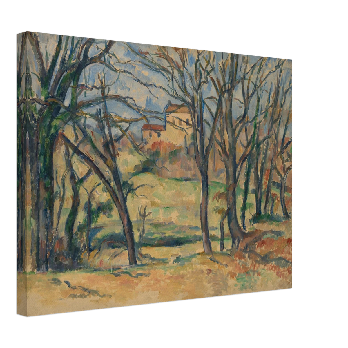 Bare trees frame yellow houses and fields in a softly painted countryside landscape.