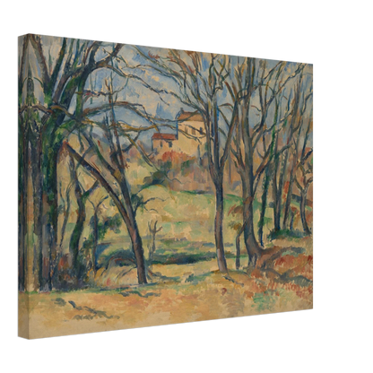 Bare trees frame yellow houses and fields in a softly painted countryside landscape.