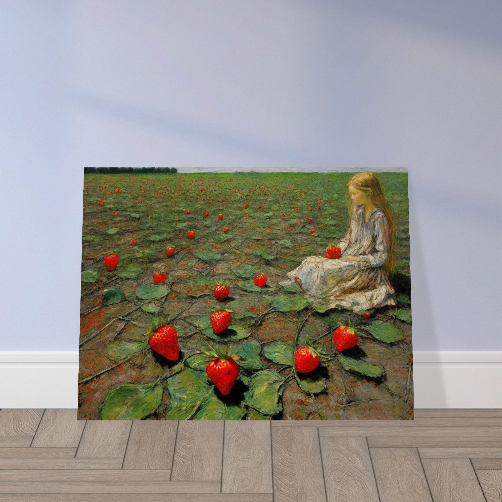 A painting of a young girl sitting in a field of large strawberries, creating a whimsical and surreal scene.