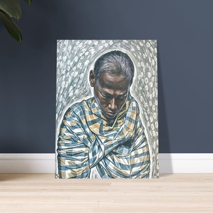 A detailed and contemplative portrait of a man wrapped in a patterned garment, head bowed, surrounded by swirling textures and floral patterns, conveying deep introspection and serenity.