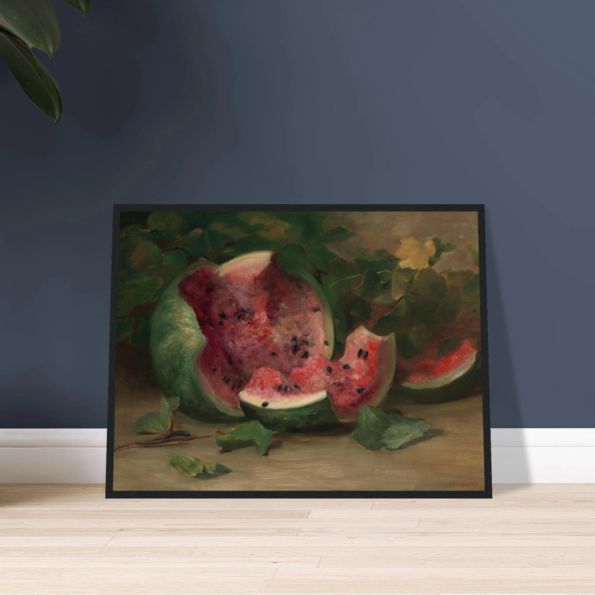 A cracked watermelon and red slices rest among green vines and leaves in a richly painted still life.