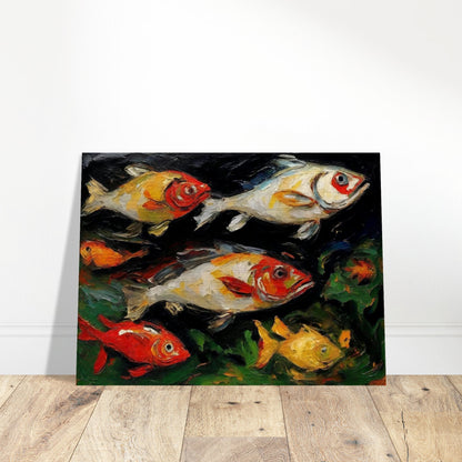 A vibrant painting of multiple colorful fish swimming in a dark aquatic environment, showcasing dynamic brushstrokes and rich hues.