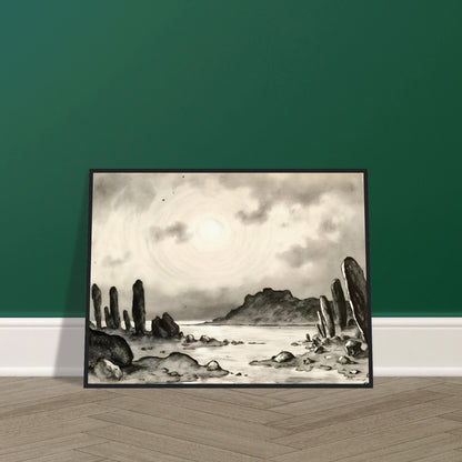 Monochrome dreamscape of towering stone formations beside a tranquil shore beneath a glowing celestial sky, evoking mystery and timeless solitude.