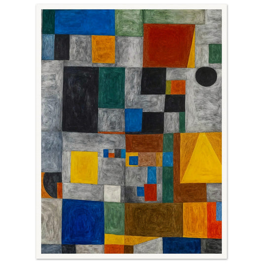 Abstract geometric artwork featuring a grid of colored squares and rectangles, creating a vibrant, dynamic composition.