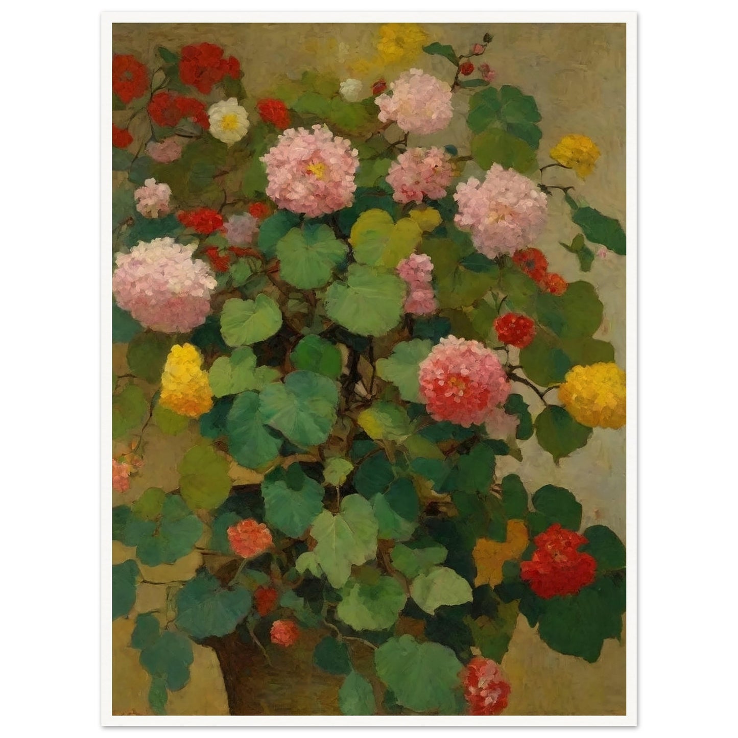 A lush painting featuring a variety of colorful flowers in full bloom, with green leaves in the background.