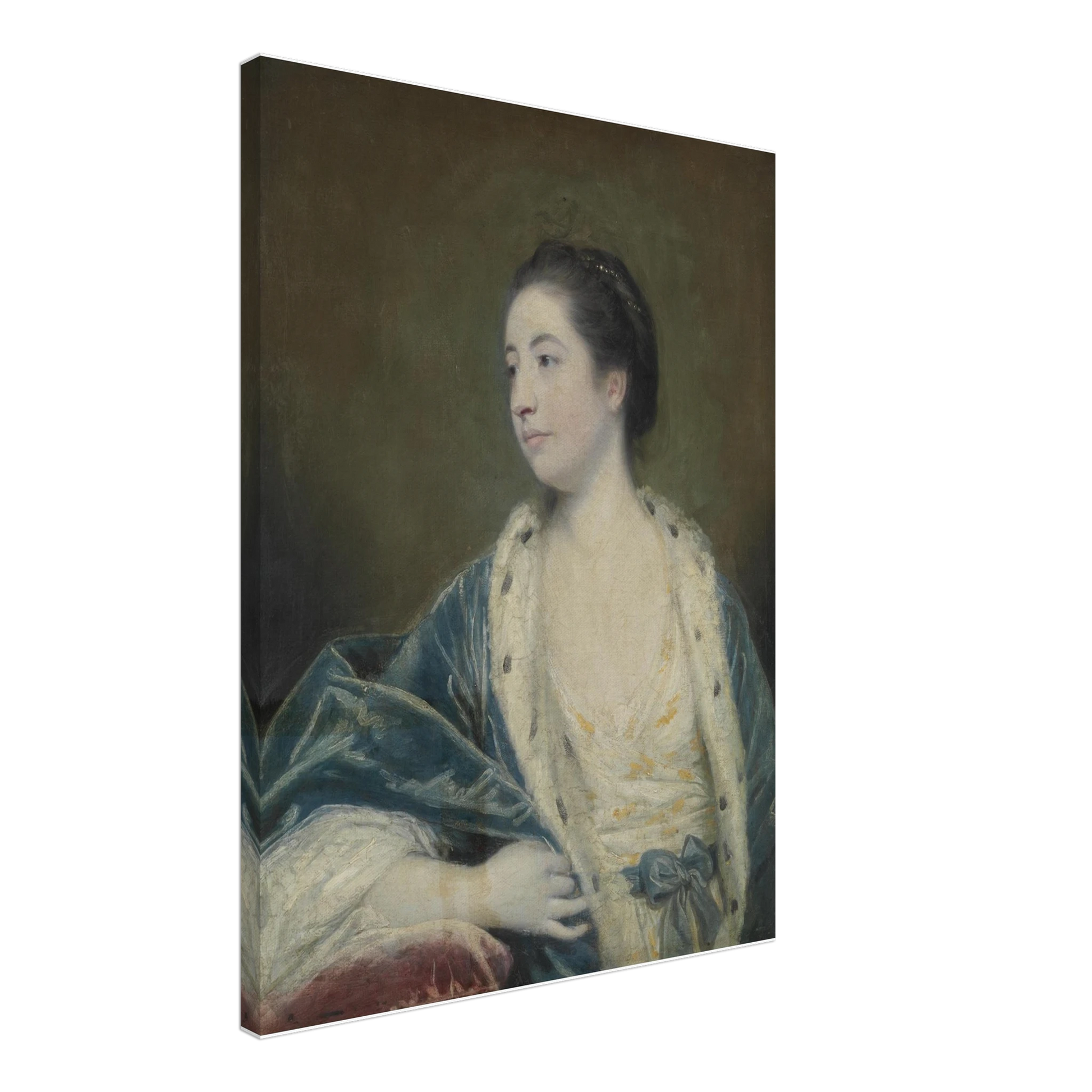 Young woman in a blue robe with fur trim poses against a dark green background