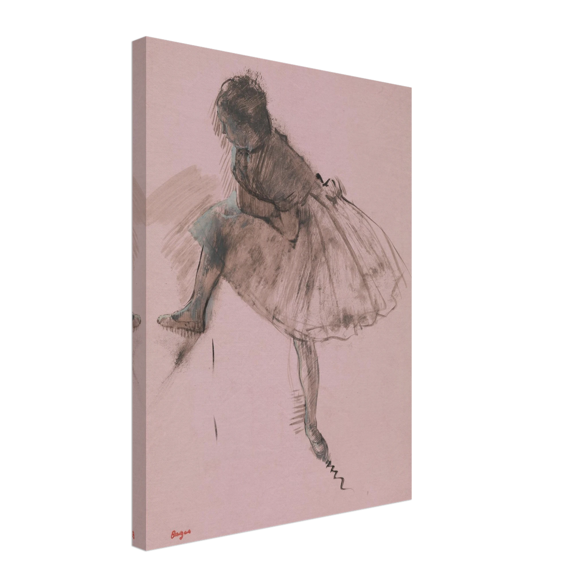 A seated ballerina in a full tutu bends forward, rendered in dark strokes on soft pink paper.