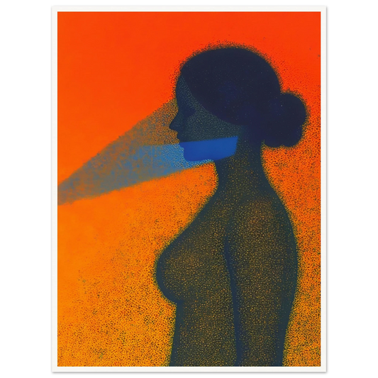 A silhouette of a woman gazing sideways with a beam of blue cutting across vibrant orange, evoking quiet strength and introspection.