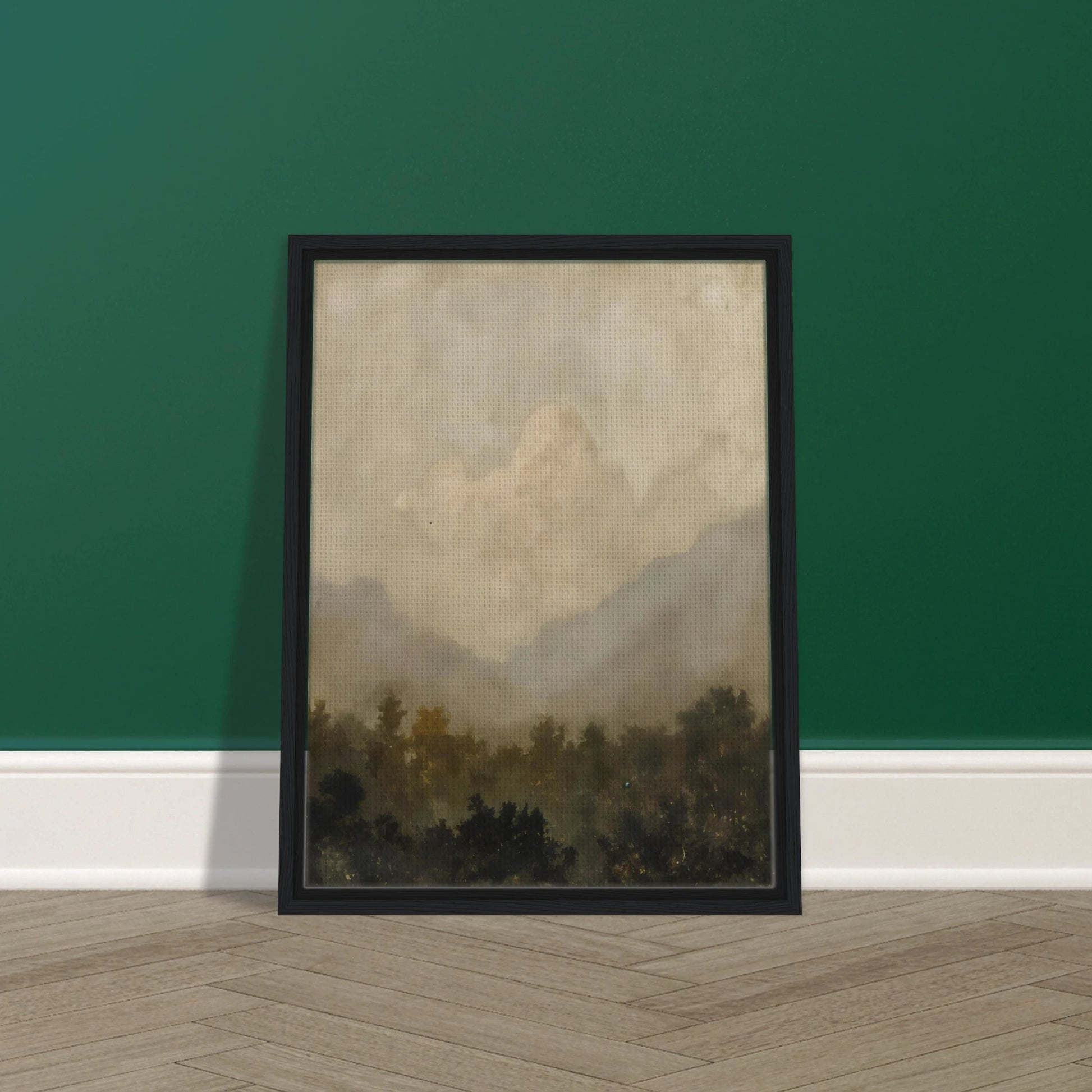 Soft clouds hover above a shadowy forest, evoking serenity and silence beneath a veil of golden haze.