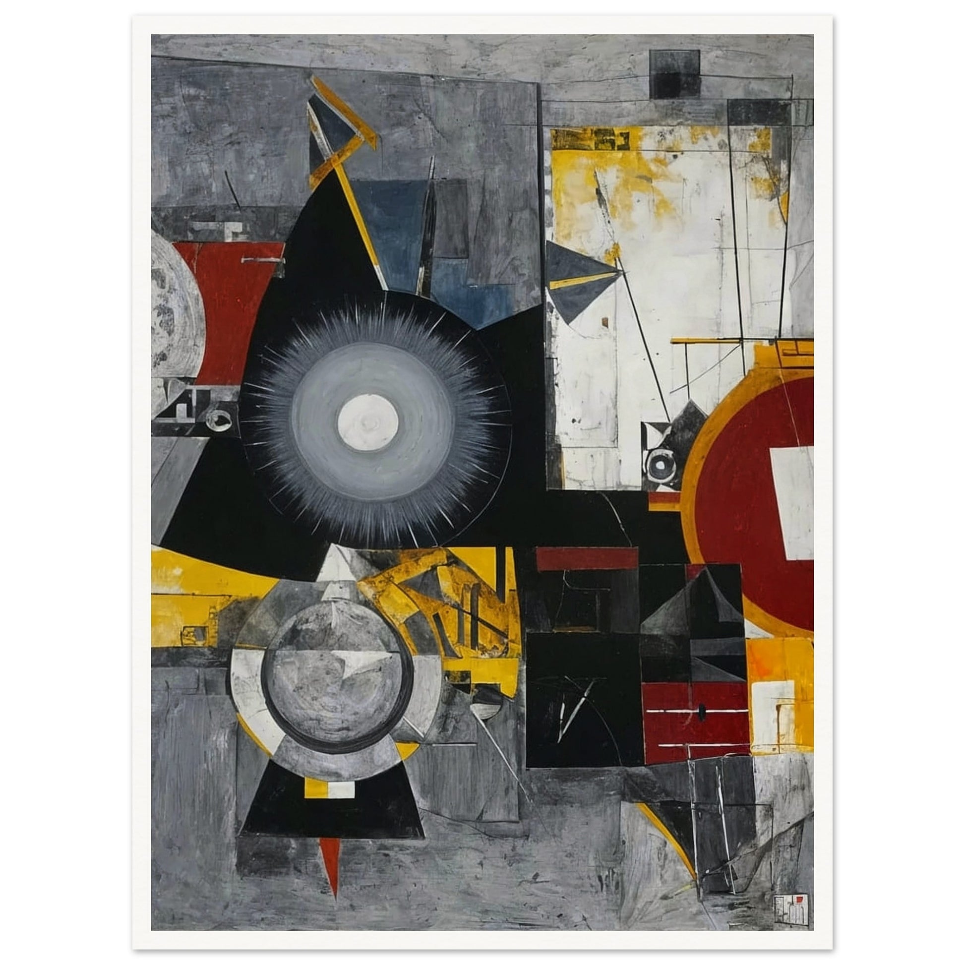 An abstract painting featuring geometric shapes, circles, and lines in a dynamic composition with a mix of gray, black, red, and yellow hues.