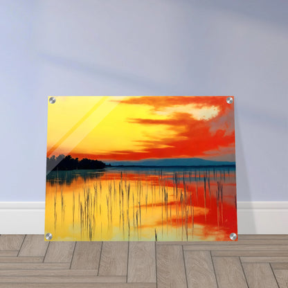 A vivid sunset over calm waters, where orange and yellow hues mirror the sky’s fiery glow and reeds stand in quiet balance.