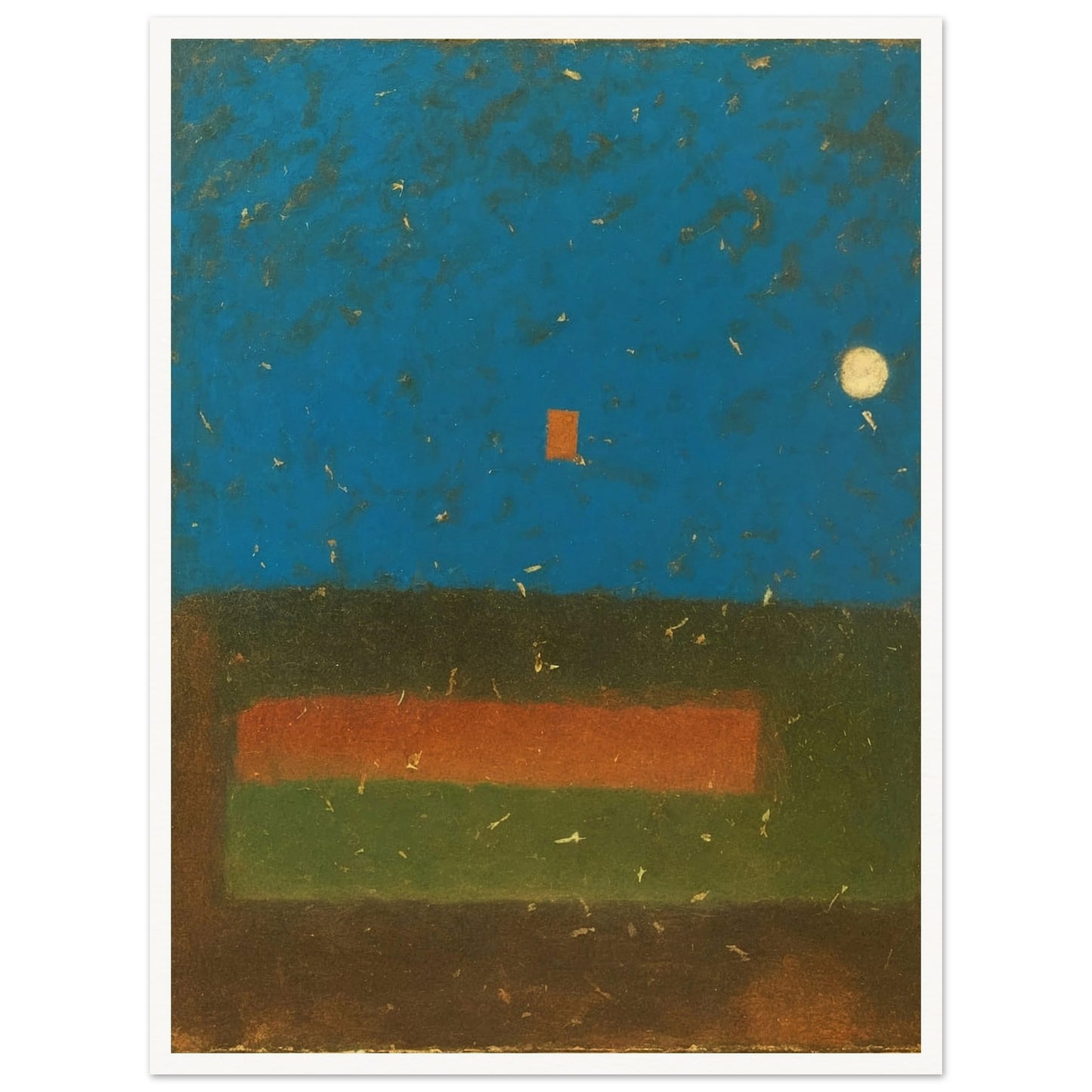 An abstract painting featuring a deep blue textured sky with a glowing moon, a red square, and earthy green and brown horizontal fields.