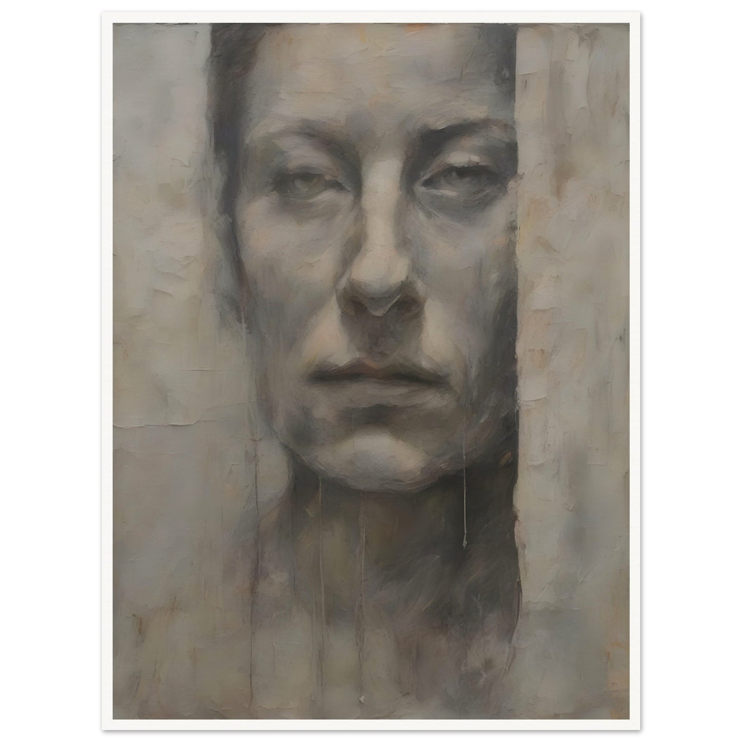 A haunting monochromatic portrait of a solemn face emerging from a textured, weathered surface, evoking a sense of mystery and introspection.