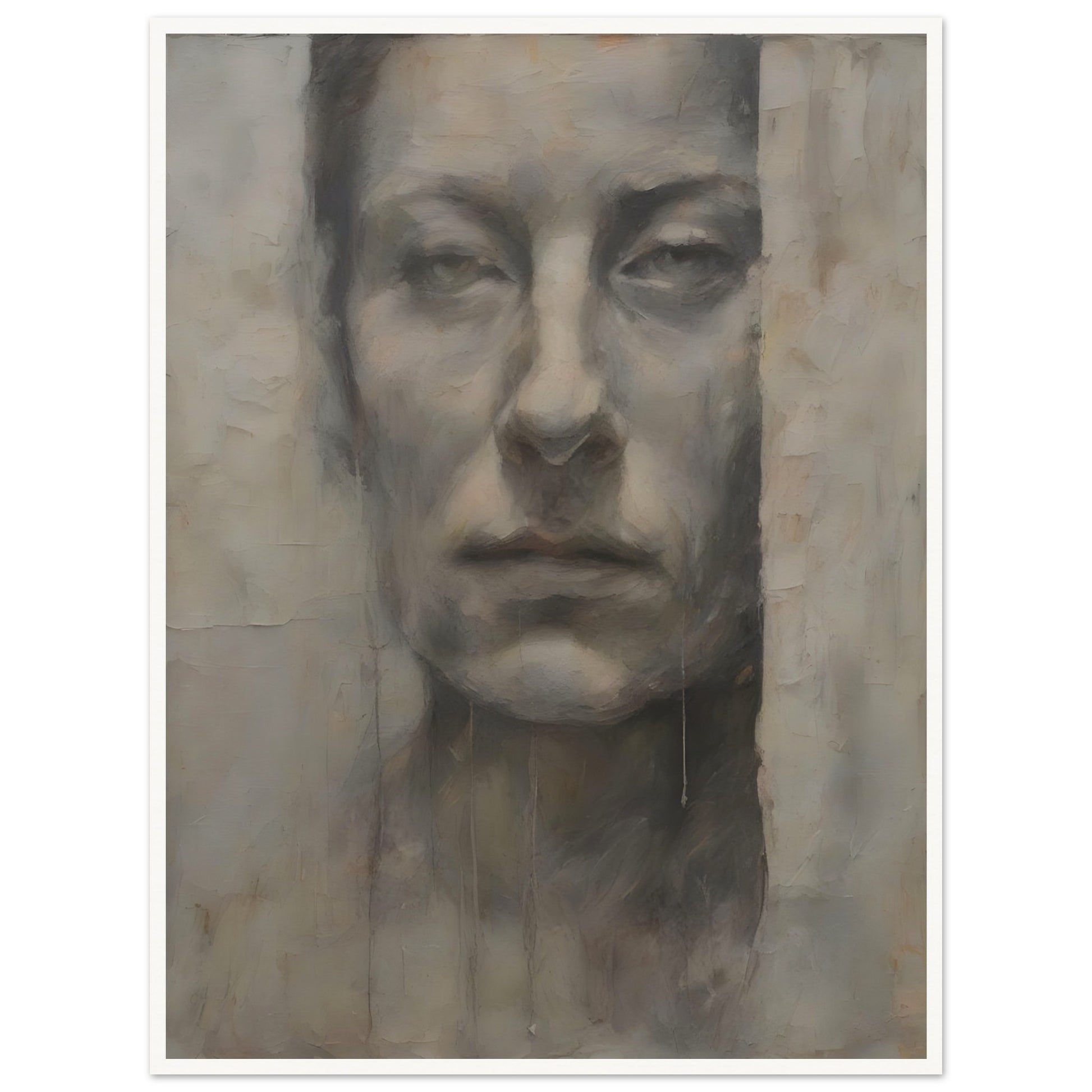 A haunting monochromatic portrait of a solemn face emerging from a textured, weathered surface, evoking a sense of mystery and introspection.