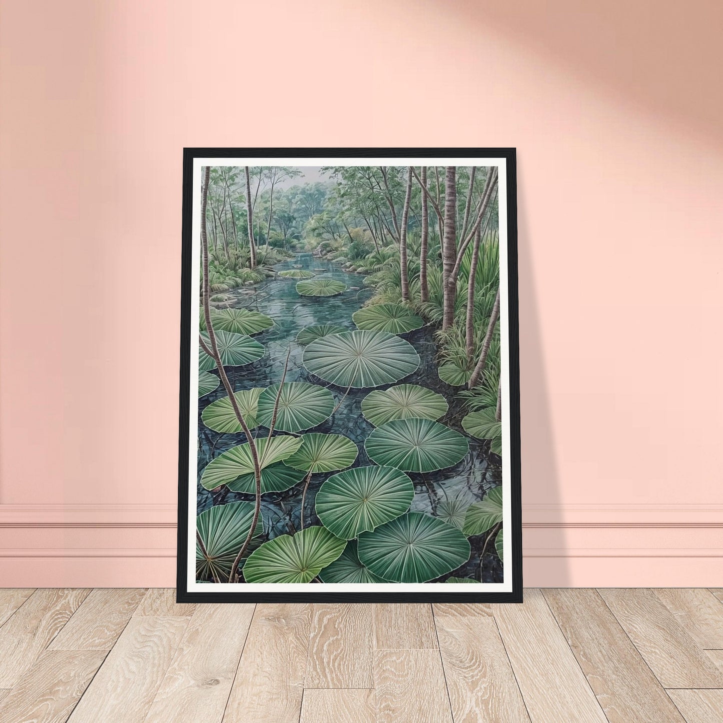 A serene painting of a lush green pond filled with large lotus leaves, surrounded by tall trees and dense foliage.