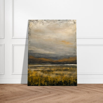 A tranquil landscape featuring golden marsh grasses beneath a vast gray sky, with distant hills and reflective water creating a calm, atmospheric scene.