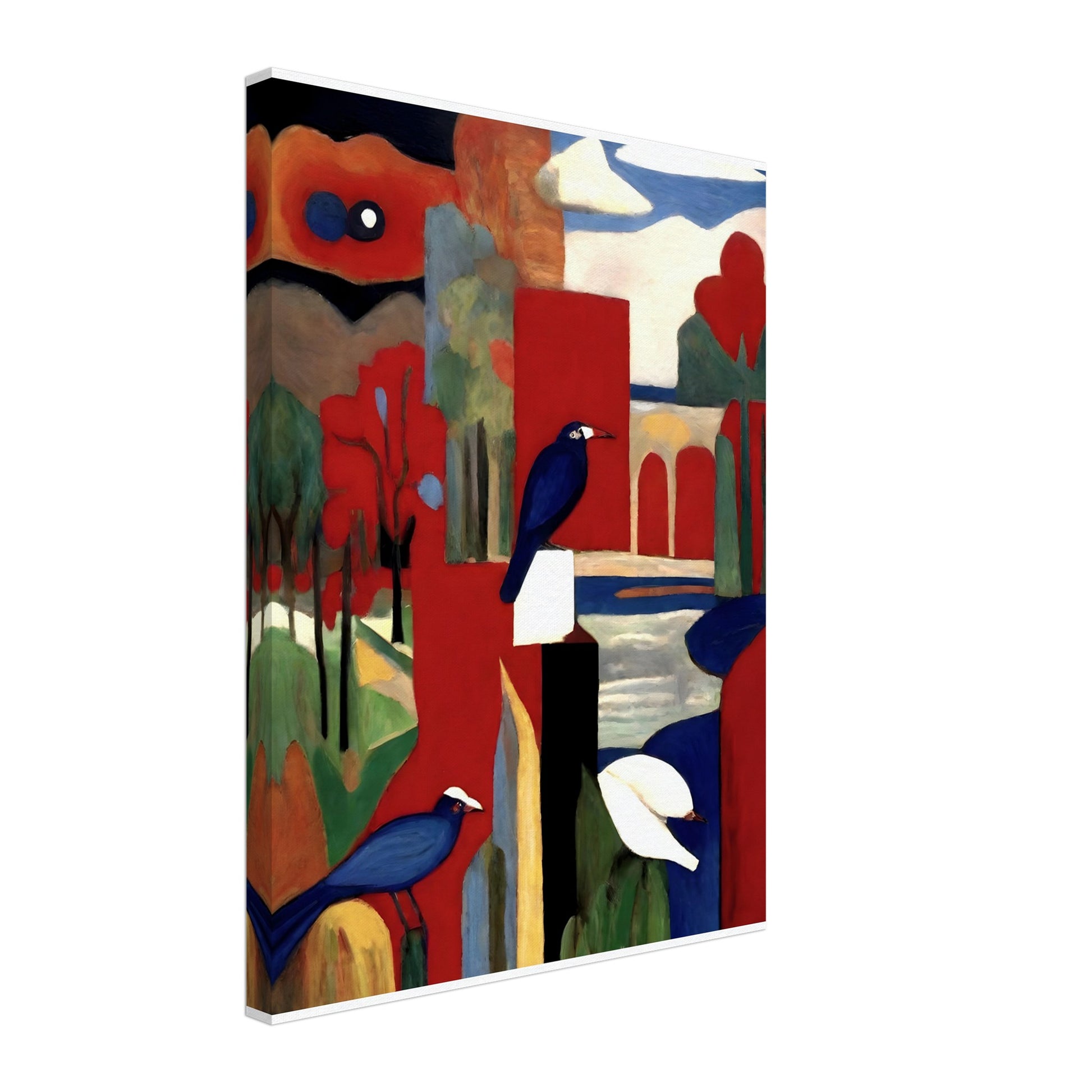 A modern abstract painting featuring blue and white birds perched in a vivid landscape with bold red, blue, and green geometric shapes and arches.