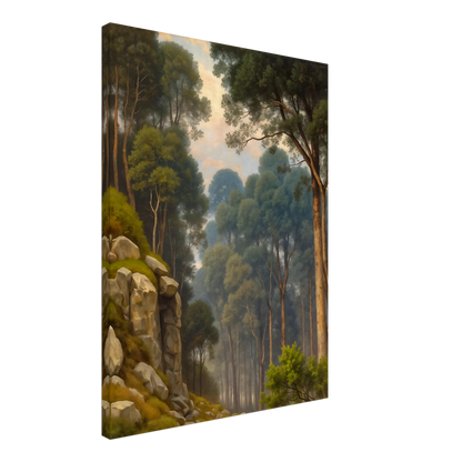 A serene woodland scene with towering pine trees, rocky slopes, soft morning light, and misty forest depth in lush green tones.