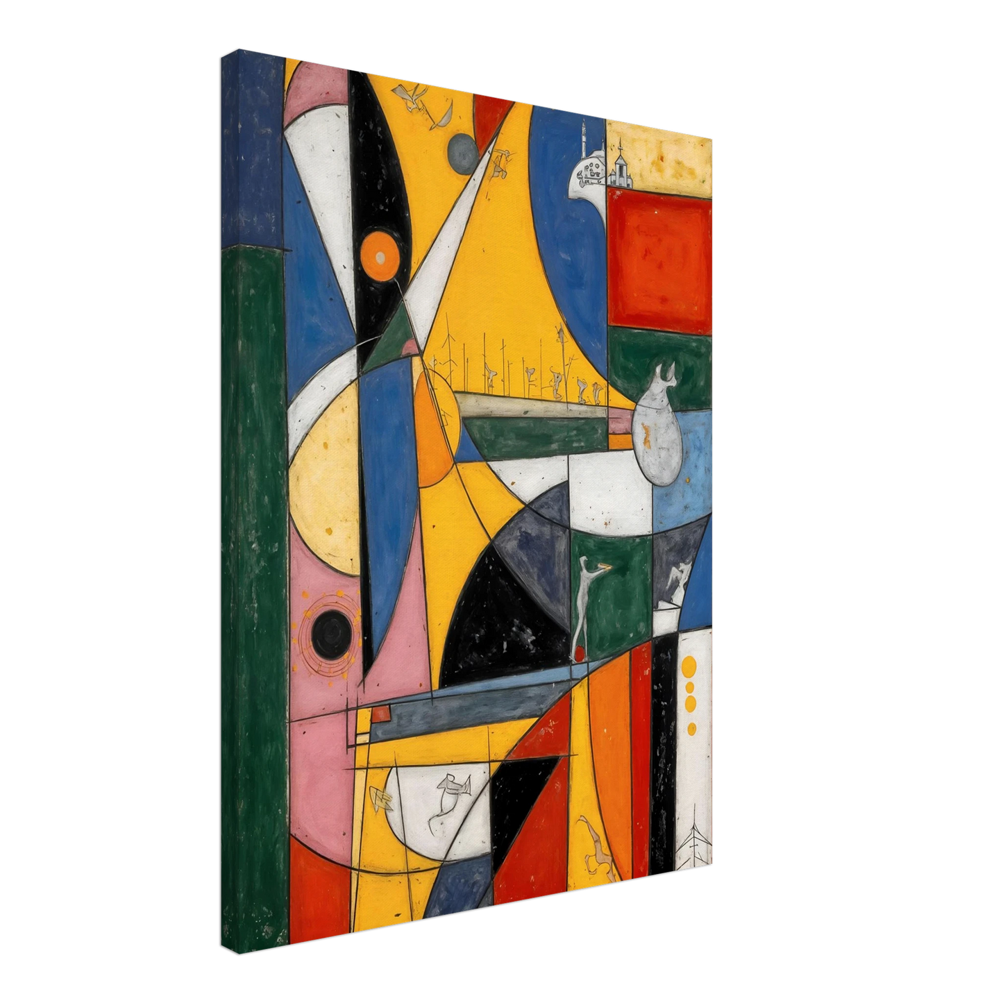A vibrant cubist-style composition of bold yellow, blue, red, and green forms with playful symbols, layered shapes, and whimsical details.