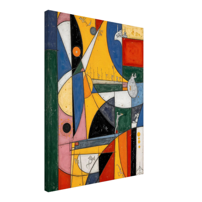 A vibrant cubist-style composition of bold yellow, blue, red, and green forms with playful symbols, layered shapes, and whimsical details.