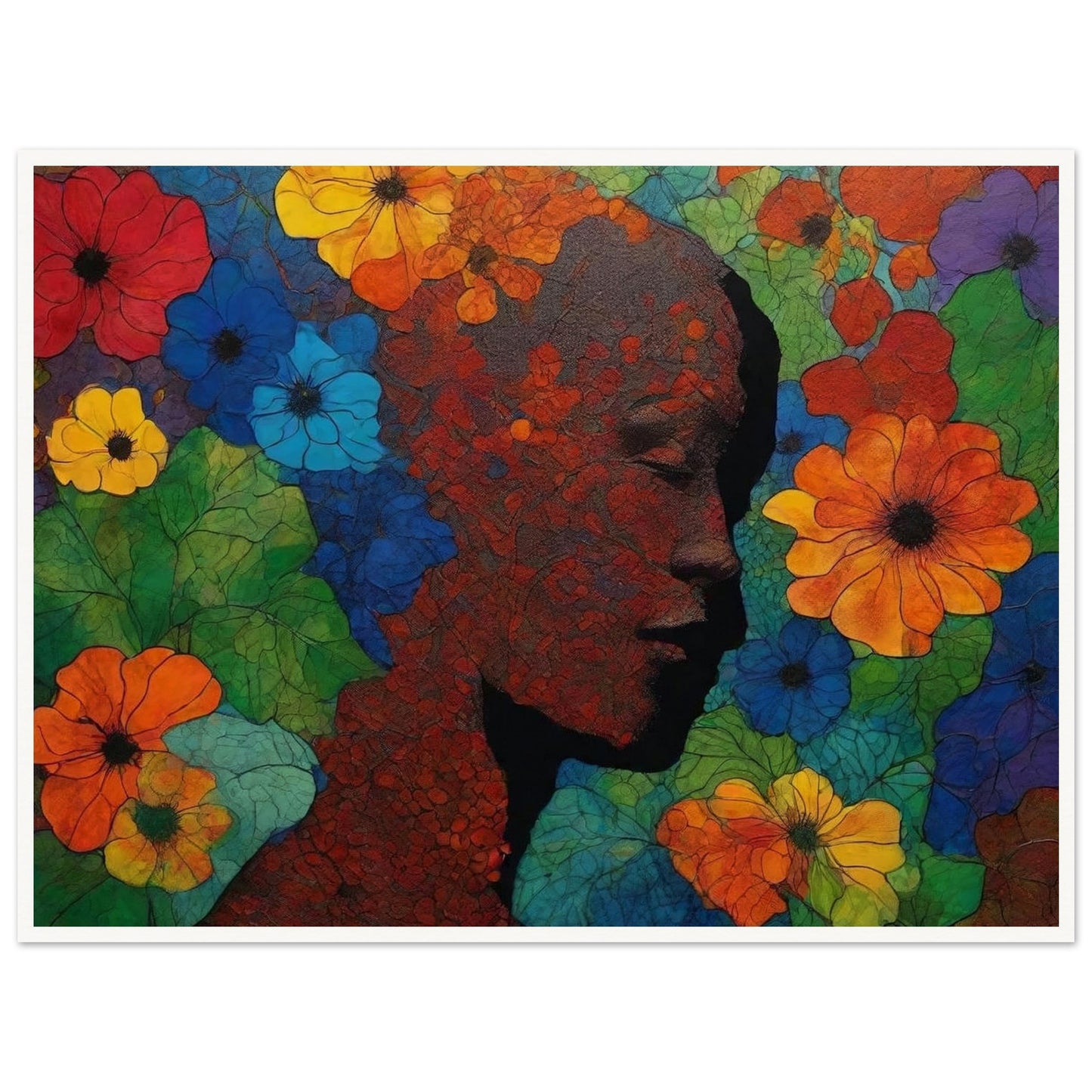 "A colorful and intricate painting of a silhouetted face surrounded by vivid red, blue, yellow, and orange flowers, blending nature with human form."