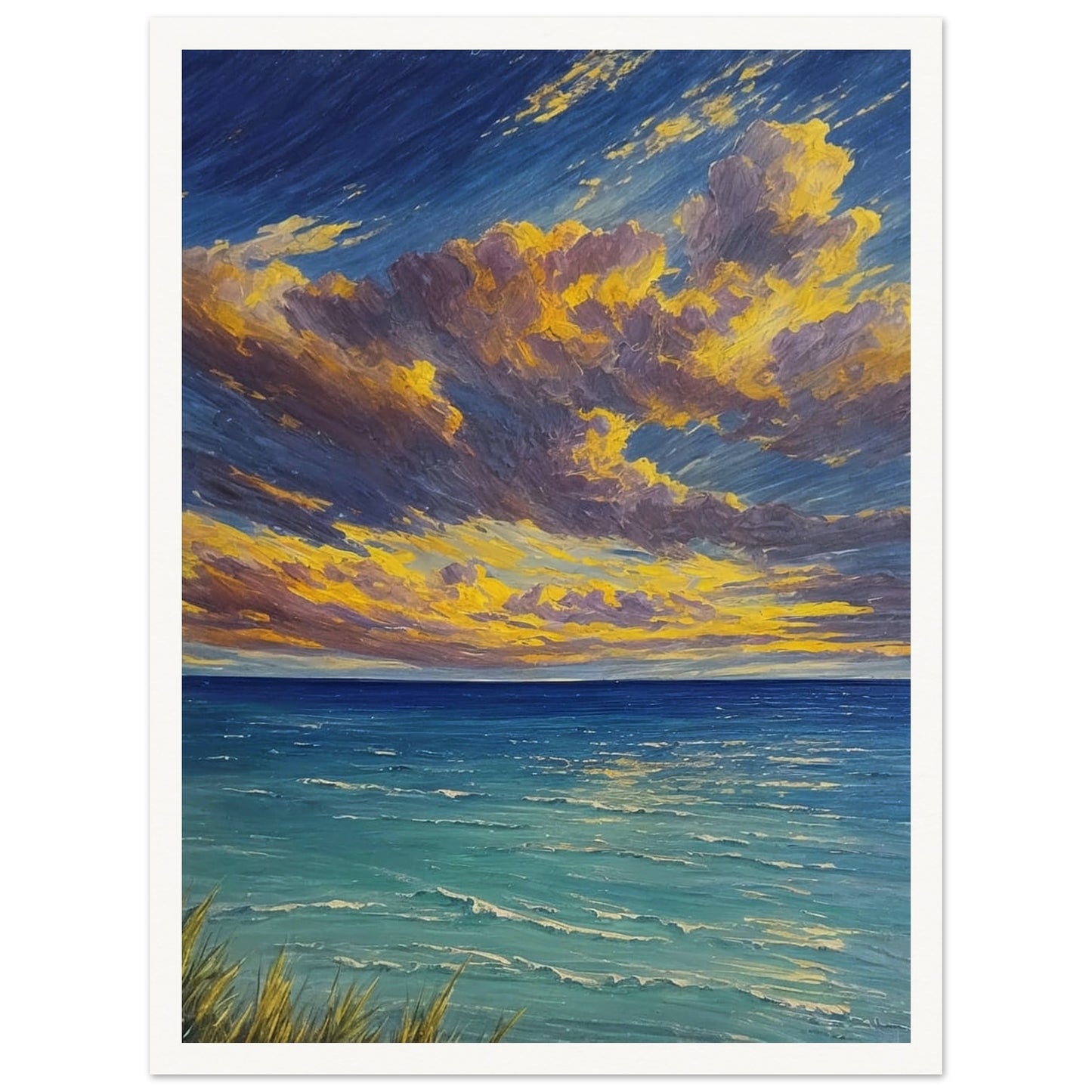 A vibrant painting of a serene ocean at sunset with dramatic clouds and golden light reflecting on the water.