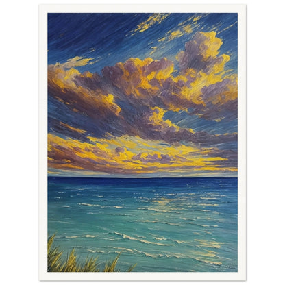 A vibrant painting of a serene ocean at sunset with dramatic clouds and golden light reflecting on the water.