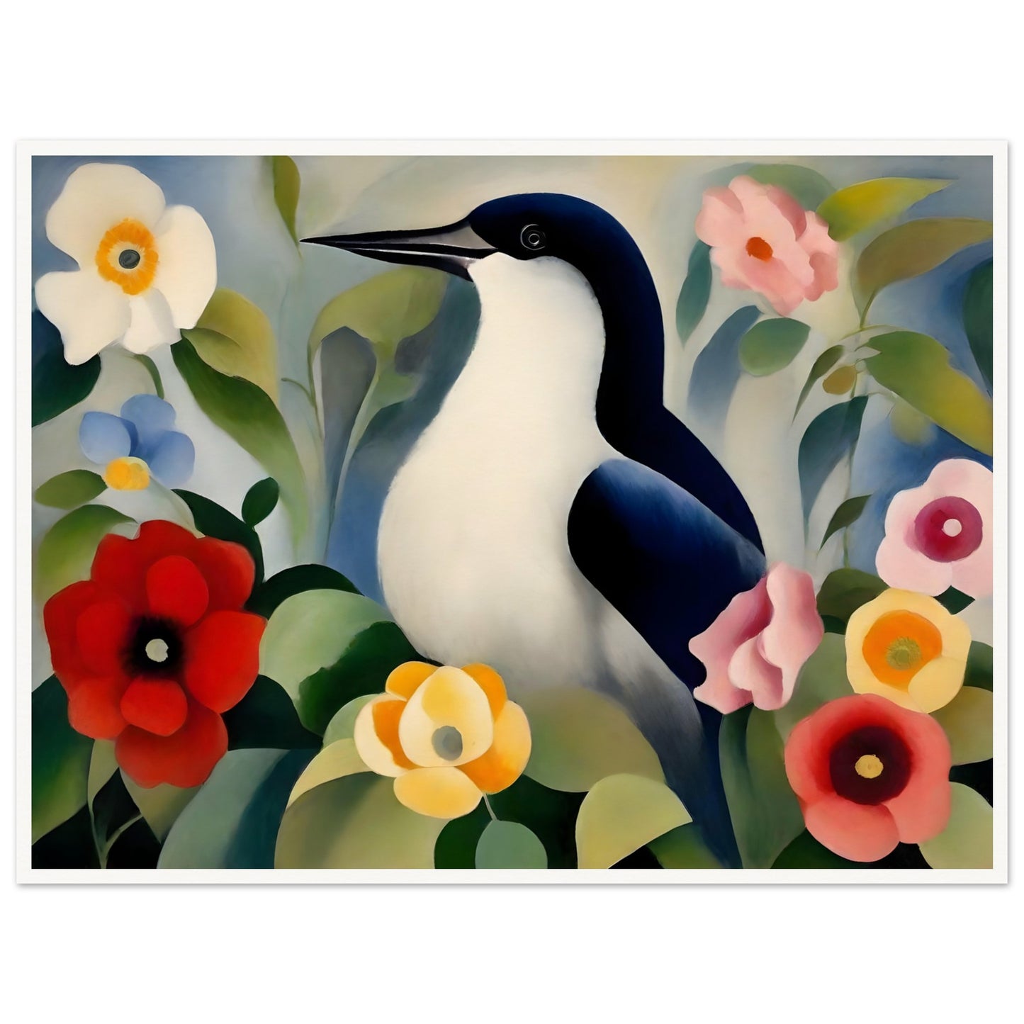 A serene painting of a black-and-white bird perched amidst colorful flowers, including red, yellow, and pink blooms, surrounded by lush green leaves.