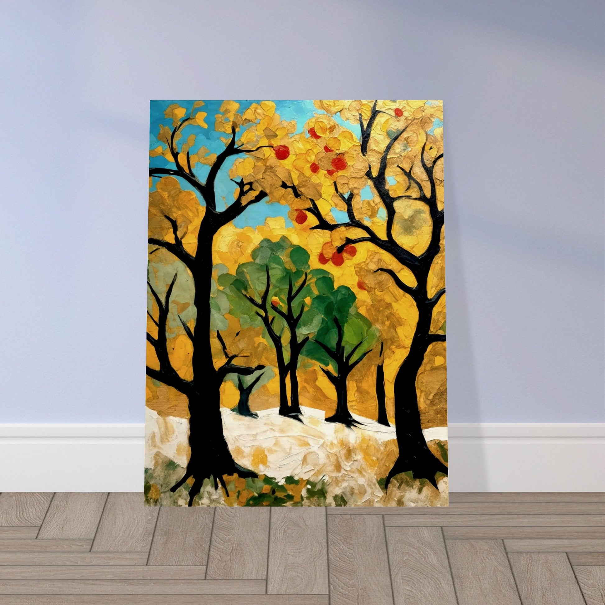 A vibrant painting of golden and green trees with hints of red fruit, capturing the essence of an autumn orchard bathed in sunlight.