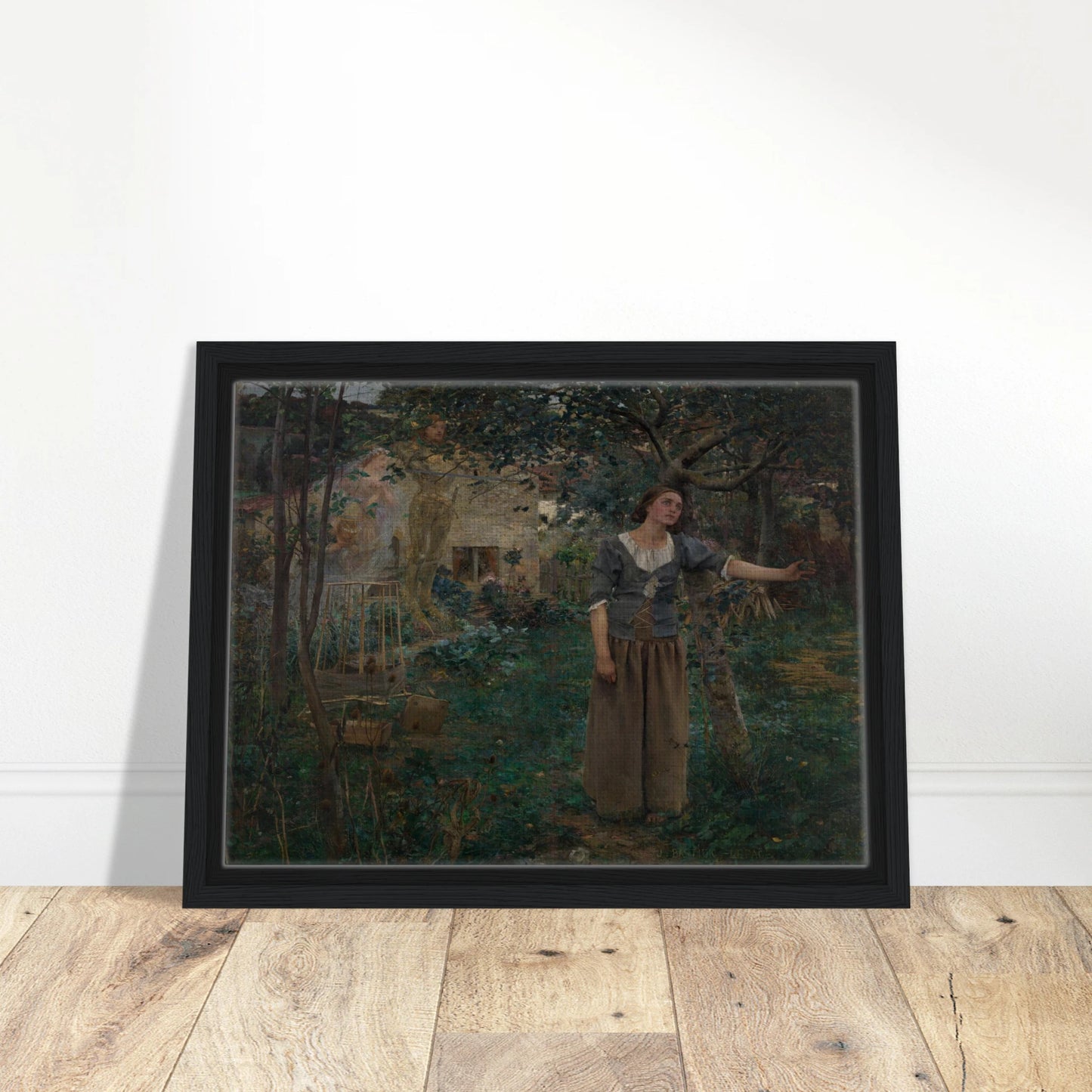 Joan of Arc stands in a garden as luminous saints appear behind her