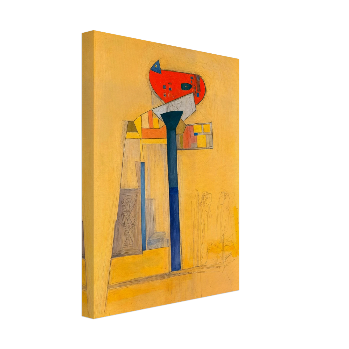 A surreal architectural painting with bold blue and red forms, fine sketches, and golden hues evoking quiet balance and tension.