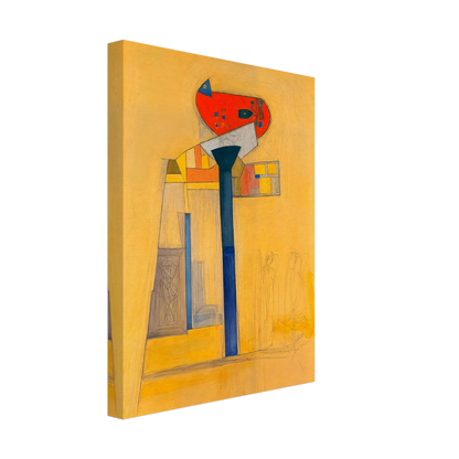 A surreal architectural painting with bold blue and red forms, fine sketches, and golden hues evoking quiet balance and tension.