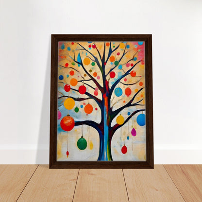 A vibrant painting of a bare tree adorned with colorful ornaments, set against a glowing background of warm yellows, oranges, and blues.