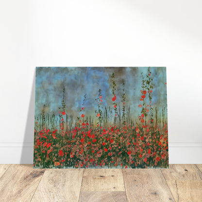 A serene landscape of tall wildflowers with red blooms against a cloudy blue sky, evoking a peaceful and natural atmosphere.