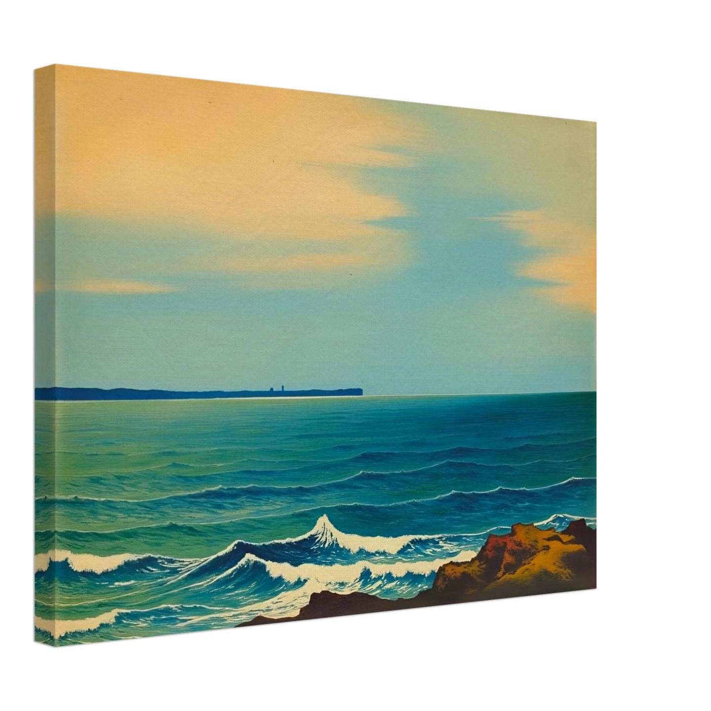 A serene seascape with gentle blue waves and a soft golden sky, capturing the calm rhythm of the ocean at dusk.