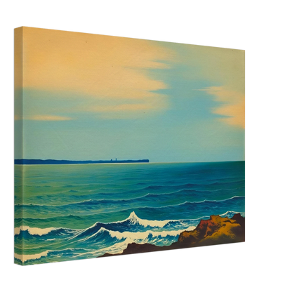 A serene seascape with gentle blue waves and a soft golden sky, capturing the calm rhythm of the ocean at dusk.