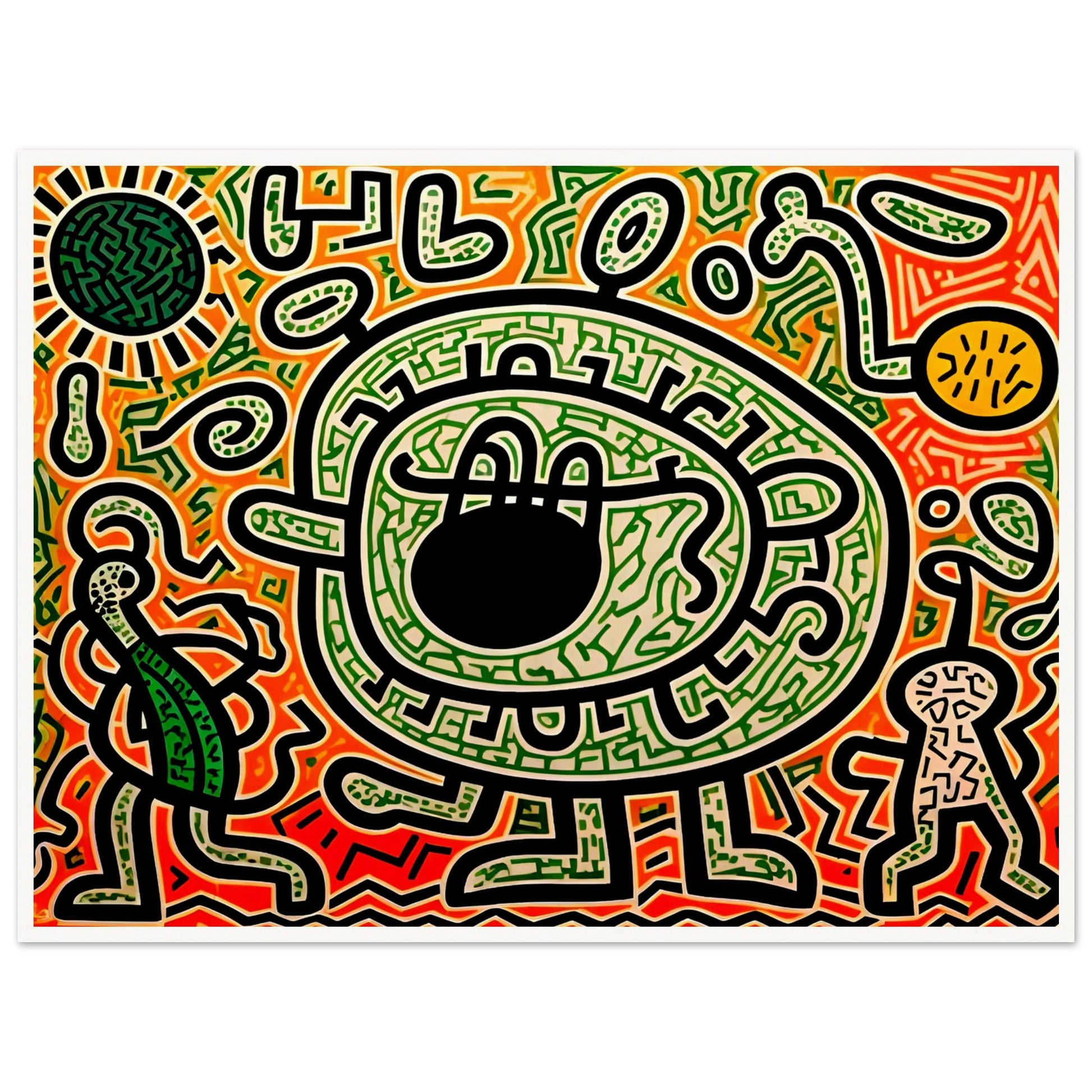 A graffiti-inspired digital artwork featuring a large green eye-like figure surrounded by bold black outlines, intricate patterns, and vibrant neon hues of green, red, and orange.