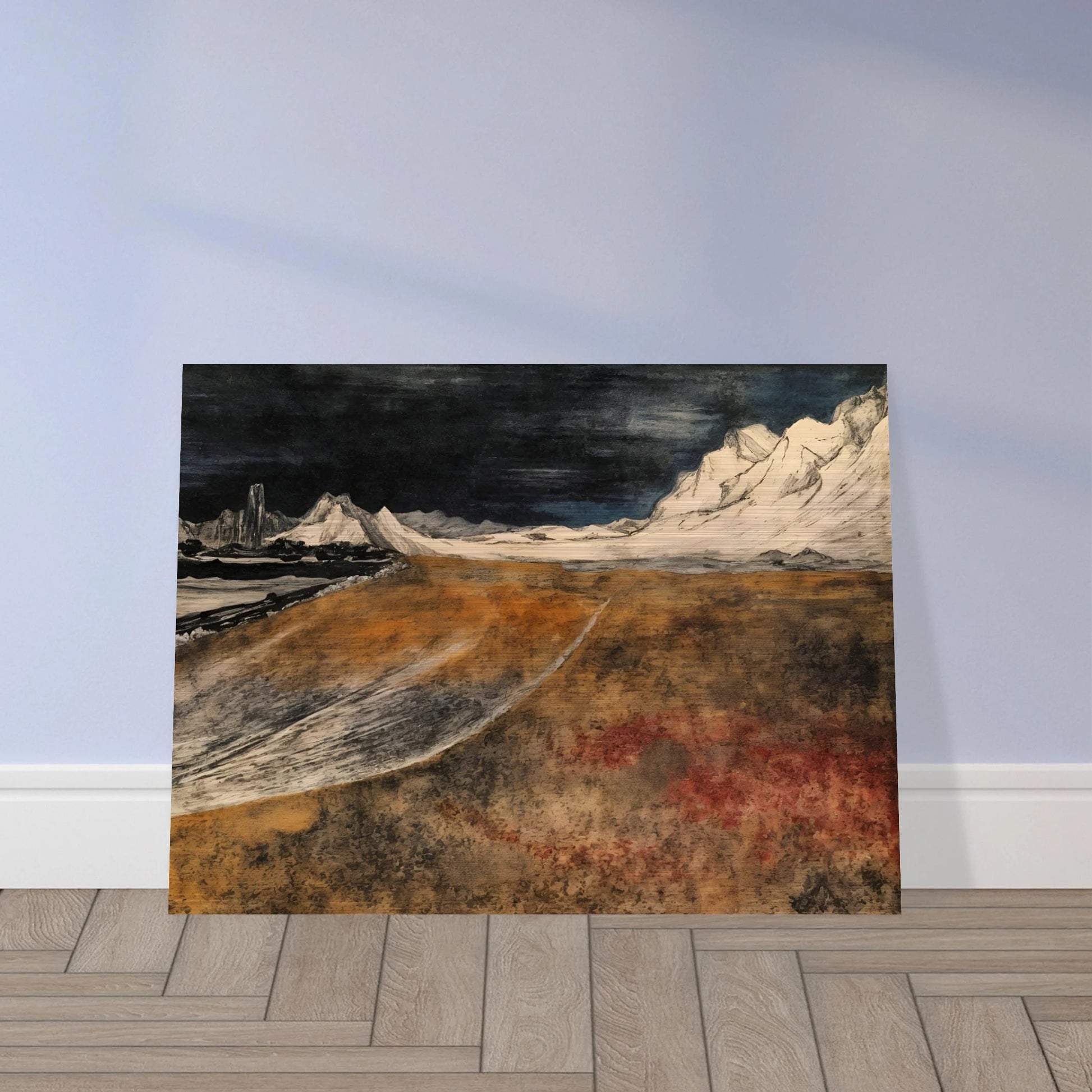 A dramatic landscape of snow-covered mountains under a dark sky, overlooking a vast brown tundra plain with icy ridges and distant peaks.